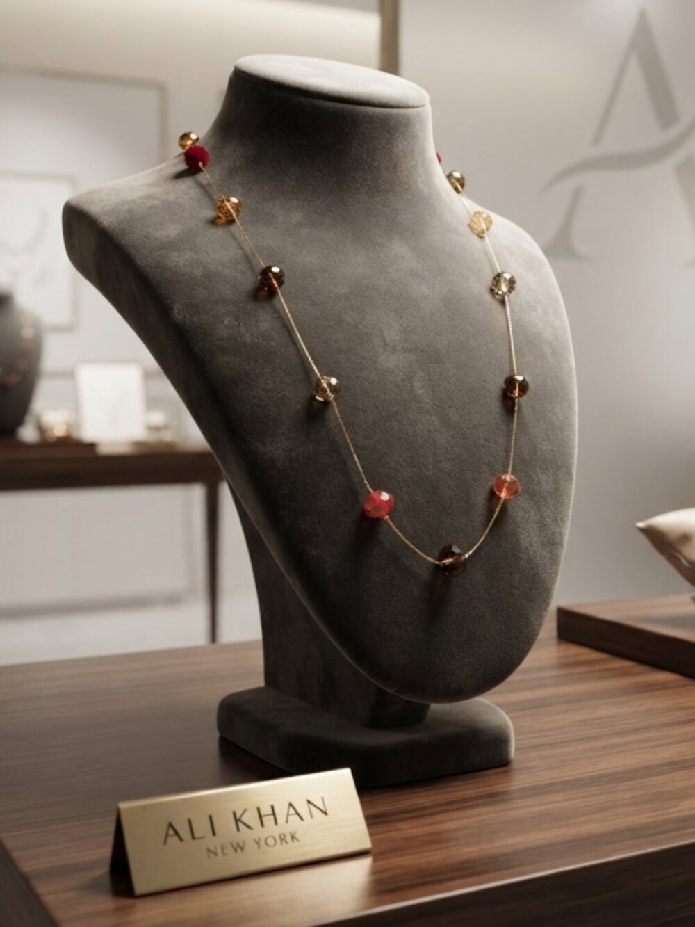 ALI KHAN garnet sapphire topaz faceted glass necklace with gold chain